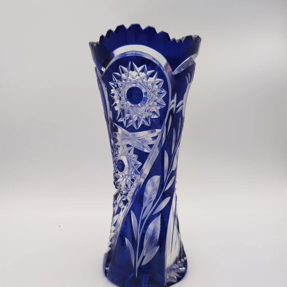 Vintage German Cobalt Blue Cut to Clear 24% Lead Crystal Rose Vase 8